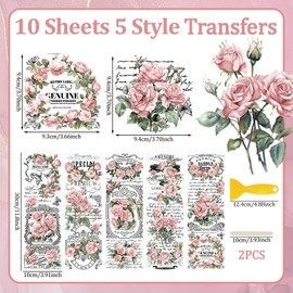 WANDIC 10 Sheets Rub On Transfer Sticker, Retro Pink Flower Pattern Stickers for DIY Scrapbooking Photo Albums Furniture,11.8 * 3.9in