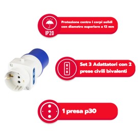 POLYPOOL - PP0642.3 Triple Industrial Adapter with Connector IEC309, 2 Two-Pole Civil Sockets and Schuko Socket - Kit with 3 Adapters