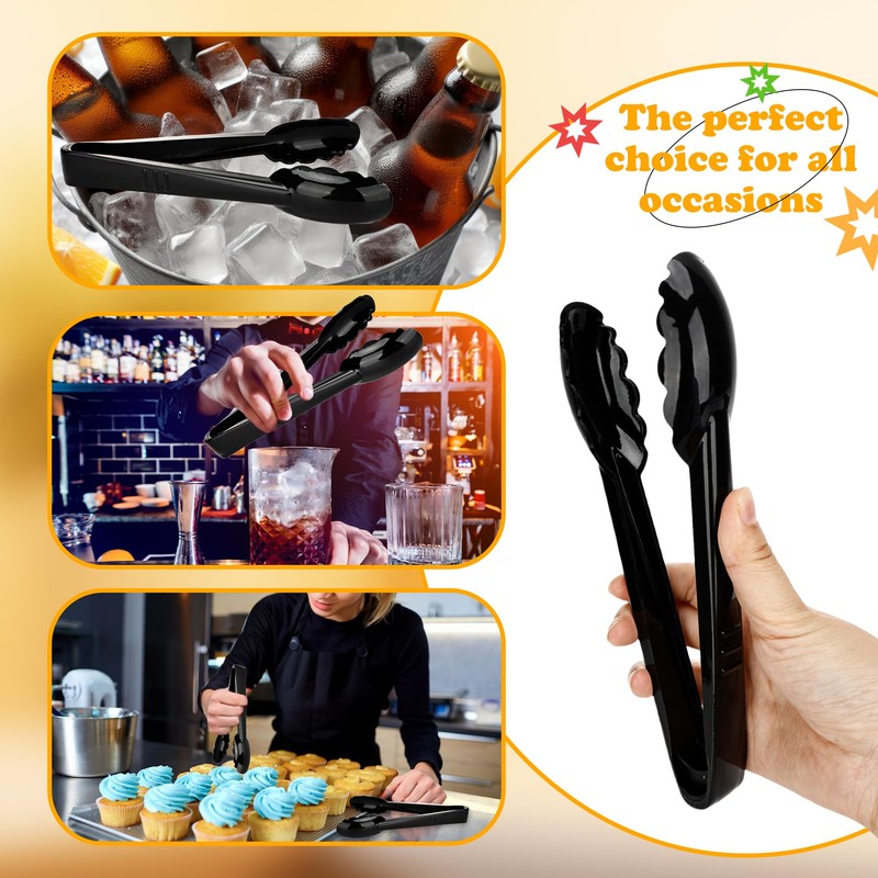 30 Pack 9 Inch Black Plastic Serving Tongs Durable Disposable