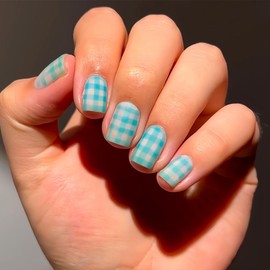 Water Blue Press on Nails Short Square Fake Nails Cute Matte False Nails Reusable Artificial Nails Checkerboard Pattern Full Cover Stick on Nails for Women Men Glue on Nails 24pcs