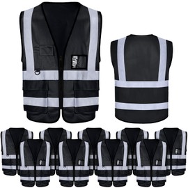 EBOOT 10 Pcs Safety Vests High Visibility Safety Vest with Reflective Strips, Neon Vest Construction Vest with Pockets (Black)