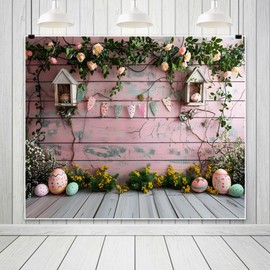 Leowefowa 10x8ft Spring Easter Backdrop Colorful Eggs Floral Plant Background for Photography Pink Wood Wall Rabbit Newborn Theme Kids Baby Shower Birthday Festival Party Decor Photo Studio Props