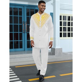 ZSJR Mens African 2 Piece Set Metallic Traditional Suit Gold Stamp Printed African Dashiki Shirt and Pants Outfit, White, X-Large