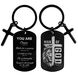 Man of God Christian Keychain for Men, Black Metal Double-Sided Cross Dog Tag Key Chain with Bible Verses, Religious Gifts for Men Boys Pastor, Faith-Based Bapstism First Communication Gift