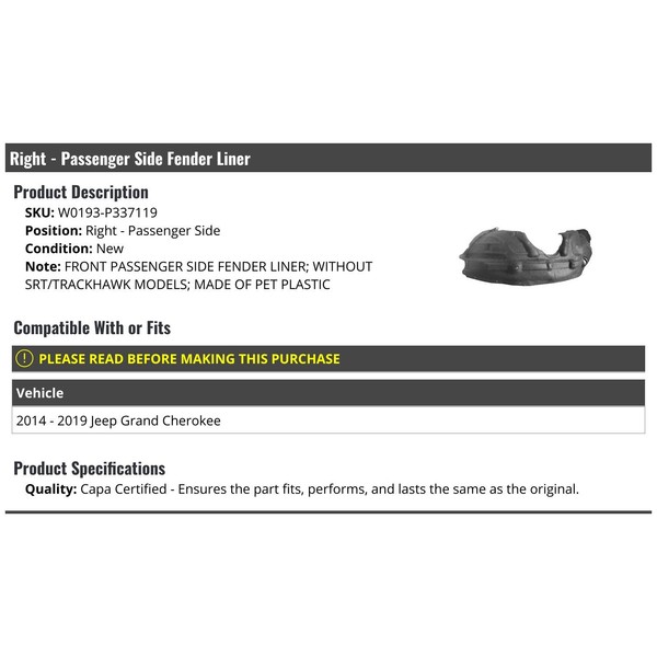 Marketplace Auto Parts Front Right Passenger Side Fender Liner -