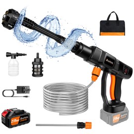 Cordless Pressure Washer Gun, Pressure Spray Washers with 21V Battery,5-10M Jet Distance with 6-in-1 Nozzles,Orange Jet Washers with Brushless Motor for Car/Floor/Fence Washing
