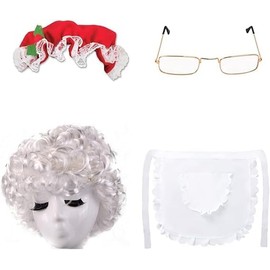 4-Piece Santa Claus Costume Women, Christmas Hat, Mrs Claus White Hair Wig & Glasses, Cosplay Costume Accessories, Glasses with Wire Frame, White Satin Apron with Lace Trim