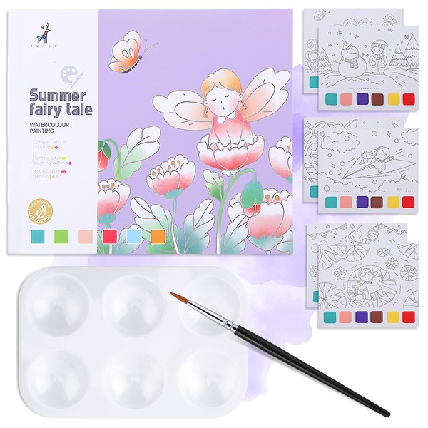 Molain Aquarelly Children's Colouring Pad with Brush, Watercolour Colouring Book with Brush, 20 Pages Water Colouring Book Set with Brush Palette, DIY Painting Tools for Painting (Multicoloured 1)