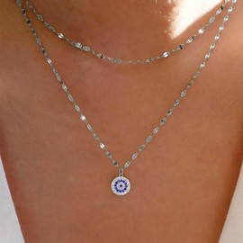 YienDoo Boho Layered Evil Eye Necklace Vintage Silver Tiny Crystal Sun Pendant Necklace Statement Blue Eyes Pendant Necklace Minimalist Luck Amulet Necklace Jewelry for Women