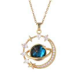 MYANAIL 14K Gold Planet Pendant Necklace for Women Blue Starry Sky Clavicle Necklace Zircon Moon Star Necklace (Gold)
