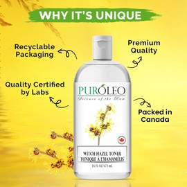 PUROLEO Witch Hazel Toner 16 Fl Oz/473 ML (Packed in Canada) Refresh and Revitalize Your Skin with | Premium Bottle | Luxury Skin Care Toner | Facial Toner for Postpartum & Skincare