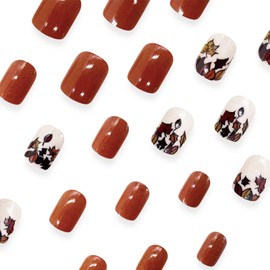 LBPEPAMZ Fall Press on Nails Real Short Square Fake Nails Autumn Brown Maple Leaves Stick on Nails Full Cover Glossy Solid Color Acrylic False Nails Thanksgiving Day Glue on Nails for Women 24Pcs