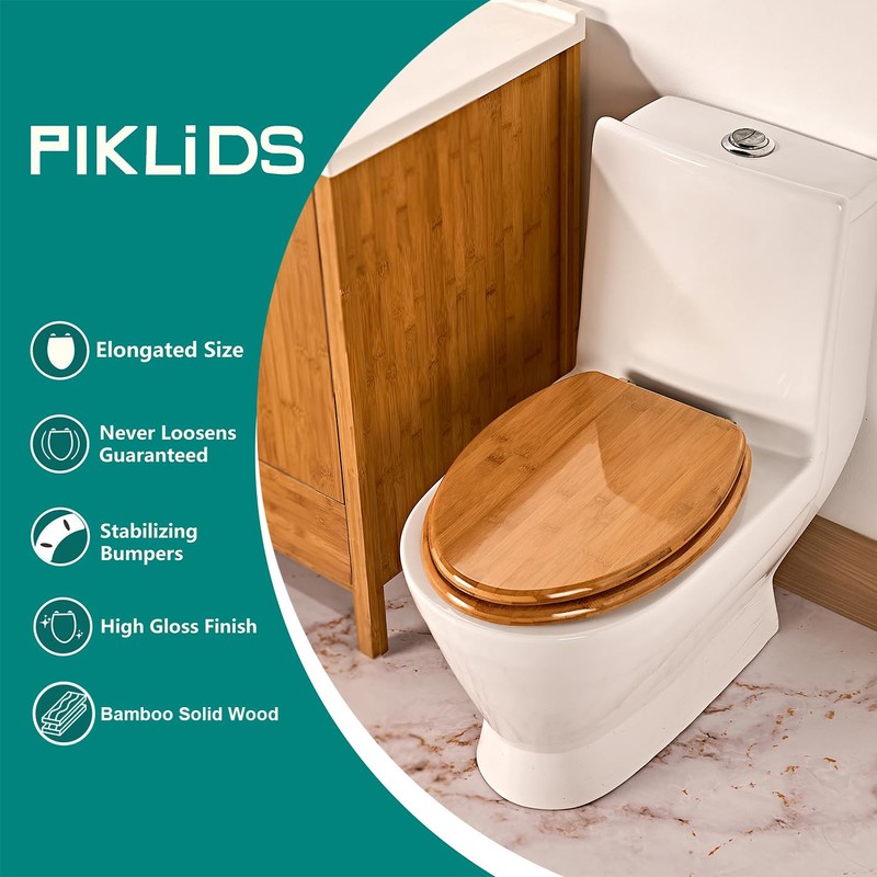 Toilet Seat, Solid Wood, Bamboo, High Gloss Finis, PIKLiDS (Elongated)