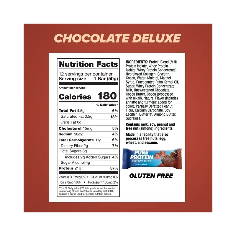 Pure Protein Bar, Chocolate Deluxe, 21g Protein, Gluten Free, 1.76