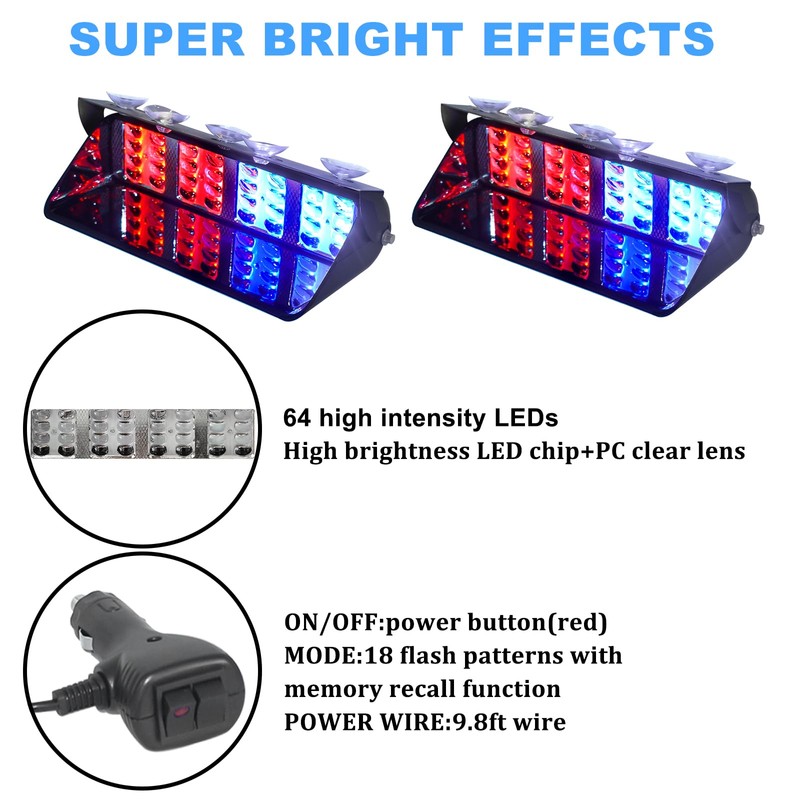 32 * 2 LED Red/Blue Dash Lights Emergency Lights Warning