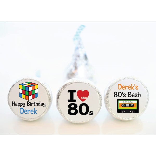 Personalized 80's Theme Birthday Party Hershey Kiss Favor Stickers, 1980's