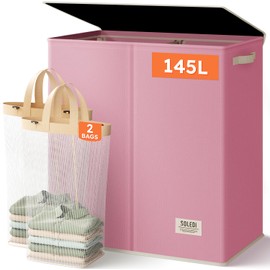 SOLEDI Large Double Laundry Hamper with Lid, Collapsible Clothes Hamper 2 section with Removable Bags, Space-Saving Laundry Basket for Bedroom, Dorm, College