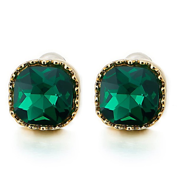 Elegant Gold Color Square Cushion Stud Earrings with Emerald Green