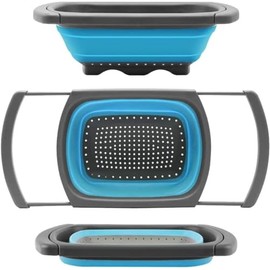 Juego de coladores plegables con bandeja de drenaje de gran tamaño, paquete de 3 coladores de cocina plegables + base, ahorro de espacio para pasta, v