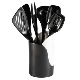 Hutzler 7-Piece Mini Melamine Cooking Utensils and Storage Crock Set, Includes 7.5 Inch Long Fork, Slotted Spoon, Solid Spoon, Ladle, Spreader and Slotted Turner (Black)