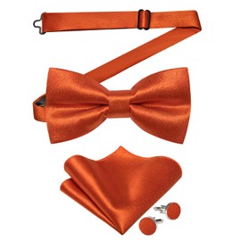 DiBanGu Burnt Orange Bow Ties for Men Solid Color Ajustable Pre-tied Bowtie and Pocket Square Cufflinks Set Formal Tuxedo Bowties for Wedding Party