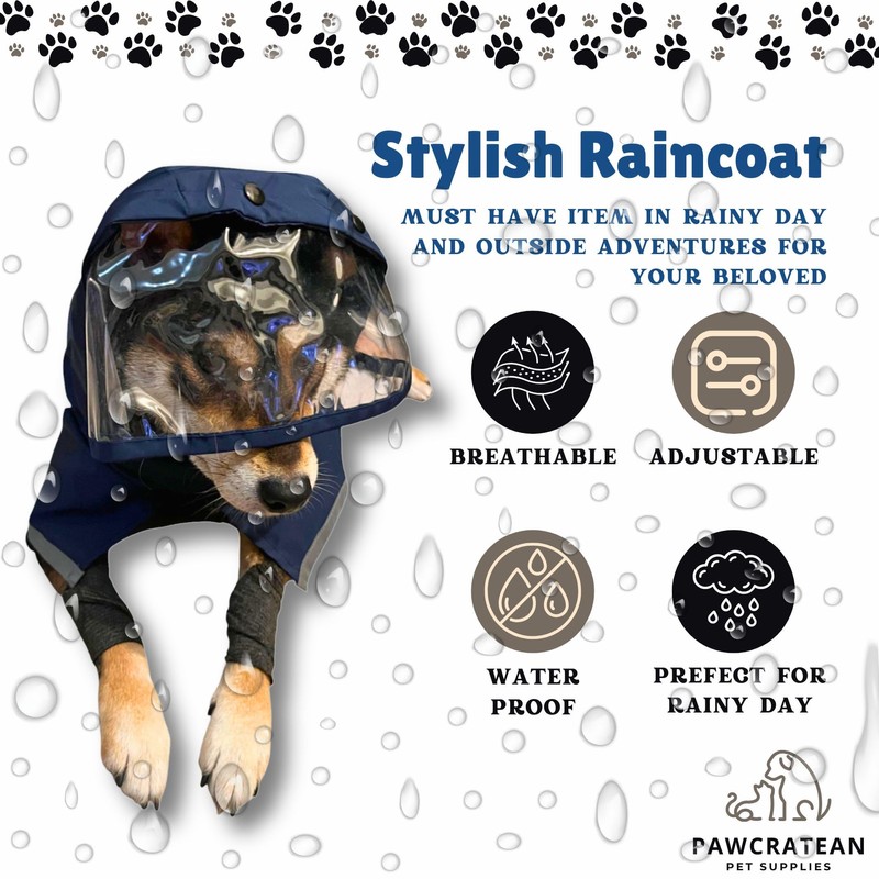 Pawcratean Dog Raincoat, Water Resistant, Adjustable, Cool Design (Dark Blue,
