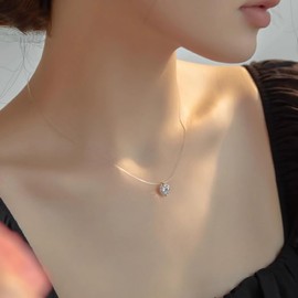 vissen Invisible Necklace for Women 925 Silver Necklace Nylon Chain Pendant Cubic Zirconia Multi Coloured Necklace Fishing Line 40Mm