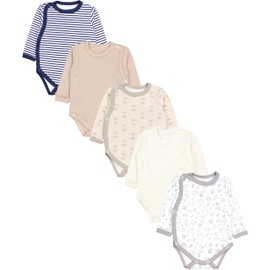 TupTam Baby Unisex Long-Sleeved Wrap Bodysuit Print/Plain Pack of 5, Hedgehog Foxes Stripes Ecru Beige Dark Blue