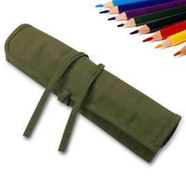 Doitem 22-Compartment Pencil Roll-Up Case, Canvas Brush Bag, 40 x 33 cm, Pen Holder, Army Green, for Artists, for Sketching Supplies