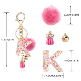 OKAICEN Deep Pink Resin Alphabet Initial Letter Keychain Keyring for Women Purse Handbags With Tassel&Fur Ball Pom('K')