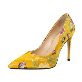 Eldof Women's High Heels Pointed Toe Stiletto Heel Flower Embroidered Pumps Slip On High Heel Pumps Shoes Women for Wedding Party Office Satin Yellow Heels 4 Inches US Size 7