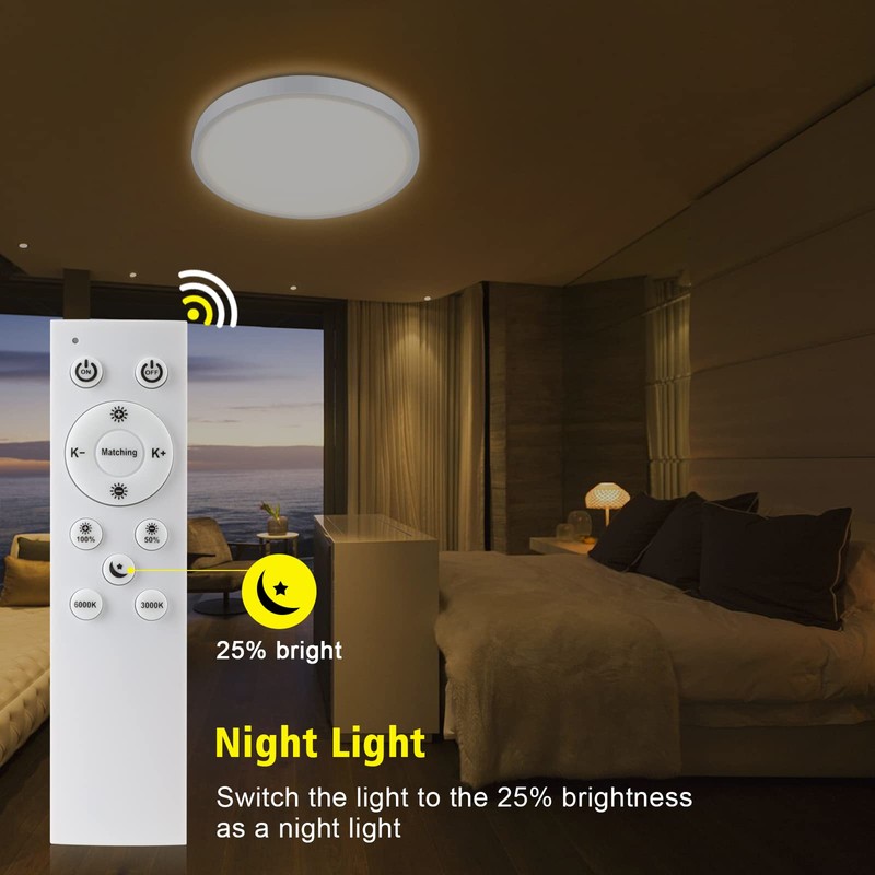 Smanu Dimmable LED Ceiling Light Panel with Remote Control,18W 1500LM,3000K-6000K,Night