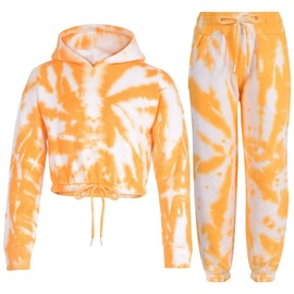 A2Z 4 Kids Girls Tie Dye Tracksuit Crop Hooded Sweatpants - T.S 314 Tie Dye Mustard 9-10