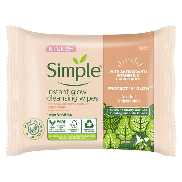 Simple Protect ‘N’ Glow Instant Glow Biodegradable Wipes dermatologically tested