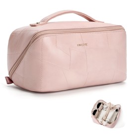 Yikisite Makeup Bag, Cosmetic Bags toiletry bag for Women, Waterproof PU Leather Make Up Pouch Organizer Travel Essentials Organizer with Divider For (Pink)