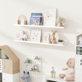 Fun Memories Picture Ledge Shelf, Pine Wood Floating Shelves Set of 2, 48 inch Nursery Book Shelves, Photo Ledge Book Shelves Wall Mounted for Living Room Kids' Room Bedroom - White