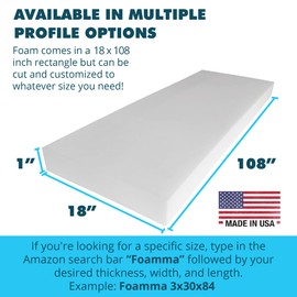 Foamma 1" x 18" x 108" High Density Upholstery Foam Padding, Thick-Custom Pillow, Chair, and Couch Cushion Replacement Foam, Craft Foam Upholstery Supplies, Foam Pad for Cushions and Seat Repair