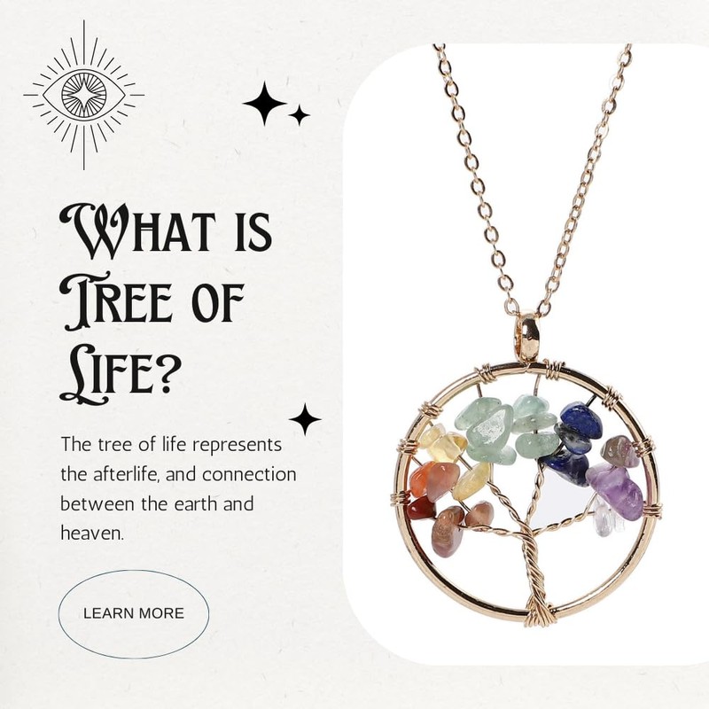 BIRLD Tree of Life Necklace, 7 Colors, Natural Crystal, Healing,