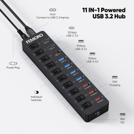 Powered USB Hub 3.2, 11-Port [USB C/USB 3.2(10Gbps)*3+USB3.0(5Gbps)*4+USB Power-only*4] with 12V 4A Power Adapter Individual Switches Dessign Multiport Expander for Laptop PC Smartphone External SSD