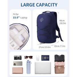 WANDF 15.6-Inch Laptop Backpack for Women Men Airline Approved Water Resistant Lightweight Travel Bag Casual Backpack for Weekender Business with Whistle Buckle & Elastic Strap (Navy Blue)