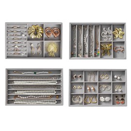 KATISYIO Jewelry Drawer Organizer Inserts Tray, Set of 4 Velvet Stackable Jewelry Trays for Earring Necklace Rings Bracelets Watch (Gray)