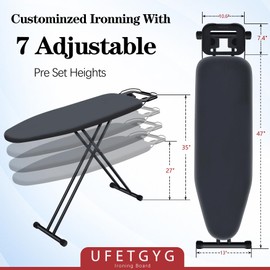 UFETGYG Ironing Board, Metal Panel Iron Board |43" X 13" W/with Iron Rest | Full Metal Construction| Height Adjustable | Heat & Scorch Resistant Fabric | Anti-Skid Feet | Heavy Duty| Easy to Fold