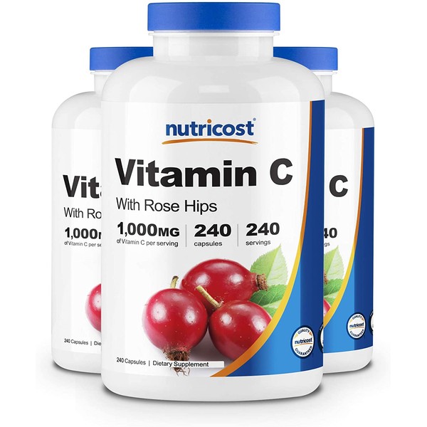 Nutricost Vitamin C with Rose Hips 1025mg, 240 Capsules (3 Bottles) - Premium Non-GMO, Gluten Free Vitamin C Supplement