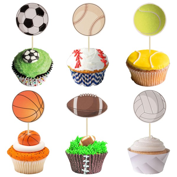 36 piezas de adornos deportivos para cupcakes de baloncesto, palillos de dientes, balón de fútbol, béisbol, voleibol, rugby, decoración de pasteles para juegos de pelota deportiva, baby shower, suministros de decoración de fiesta de cumpleaños