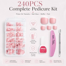240PCS Pink False Toenails, French Style Press on Toe Nails with Glue