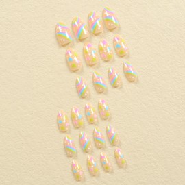 Valentine’s Day Press on Nails Oval Fake Nails Short Cute Romantic False Nails with Striped Colorful Love Stars Designs Full Cover Glue on Nails Glossy Stick on Nails for Women Girls Nail Decorations