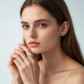 Teppdfann Silver Aquamarine Ring for Women – Classic Oval Birthstone Ring in Sterling Silver, Elegant Blue Ring with Adjustable for Comfortable Fit