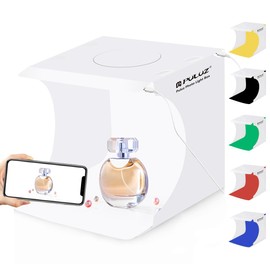 Photo Studio Box with LED Light, PULUZ 20cm Mini Portable Photography Lighting Tent Kit, White Foldable Shooting Softbox with 2x20 Lights + 6 Backdrops for Product Display