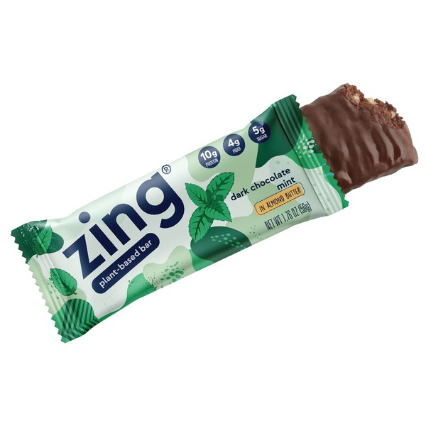 Zing Bars Plant Based Protein Bar, Dark Chocolate Mint Nutrition Bar, 10g Protein 5g Fiber, Vegan, Gluten Free, Soy Free, Non GMO, 12 count