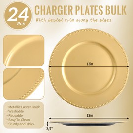 Lumaycens 24 Pcs Gold Charger Plates 13" Round Charger Plates Bulk Beaded Chargers for Dinner Plate Decorative Gold Plastic Chargers Plate for Wedding Party Event Baby Bridal Shower Table Decoration